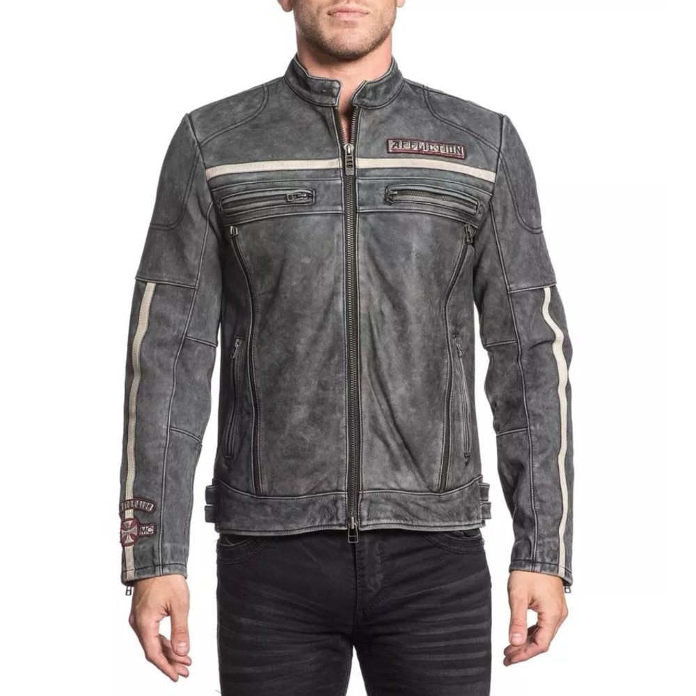 AFFLICTION Leather BLACK MOON RIDERS JACKET Grey